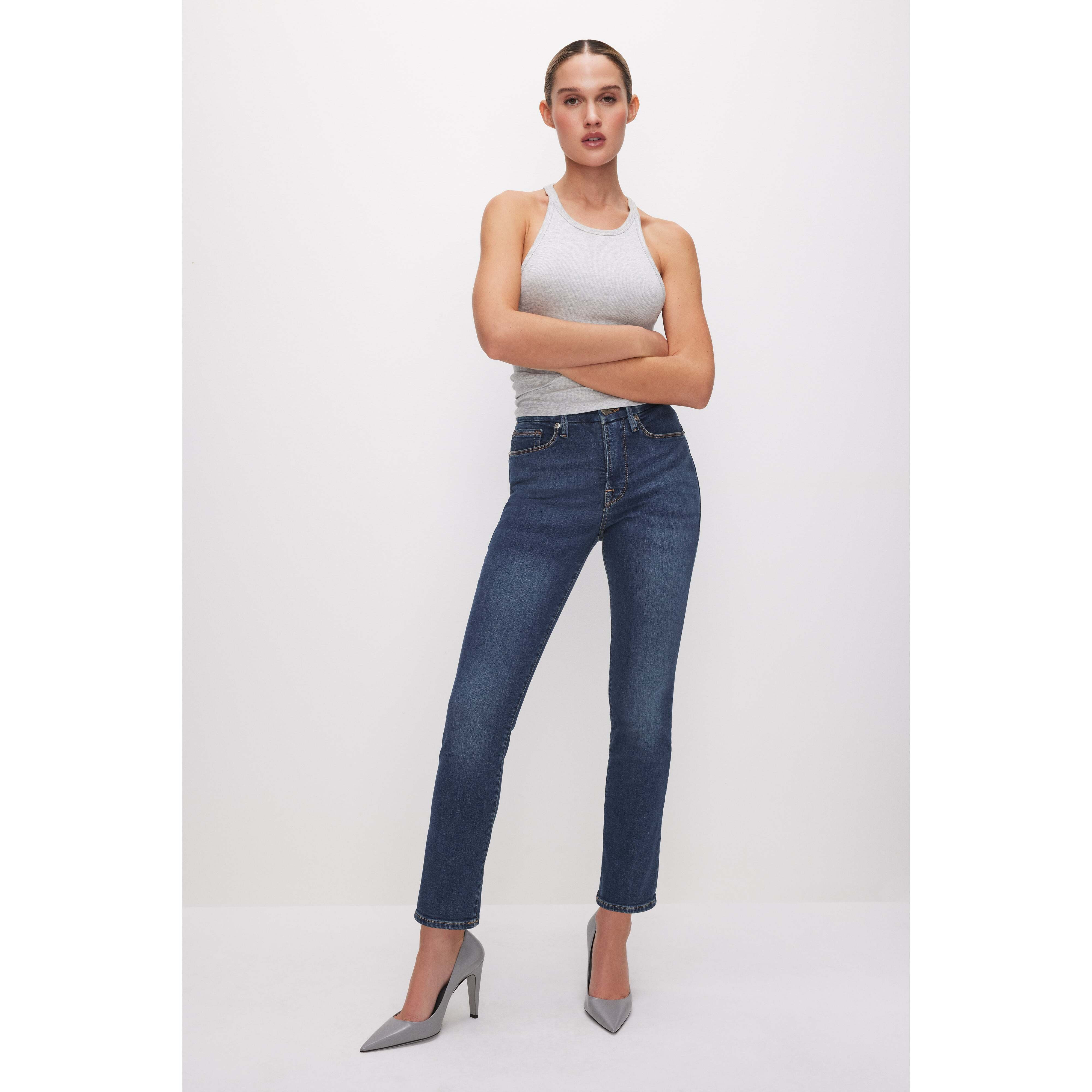 Women's Good Legs Straight Jeans | Extra Stretch, Flat Tummy Tech, Gap-Proof Waistband | Blue, Size 10 | Good American by KhloÃ© | Good American