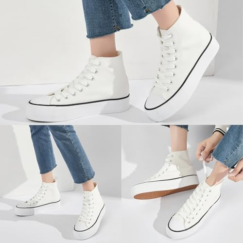 FRACORA Womens High Top Canvas Shoes White Black Platform Sneakers Lace Up Shoes for Women | Amazon (US)