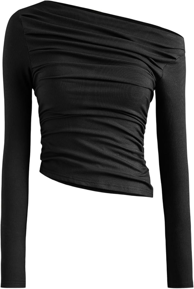 CIDER Women's Asymmetrical Top Off The Shouler Long Sleeve Shirts Ruched Going Out Crop Tops | Amazon (US)