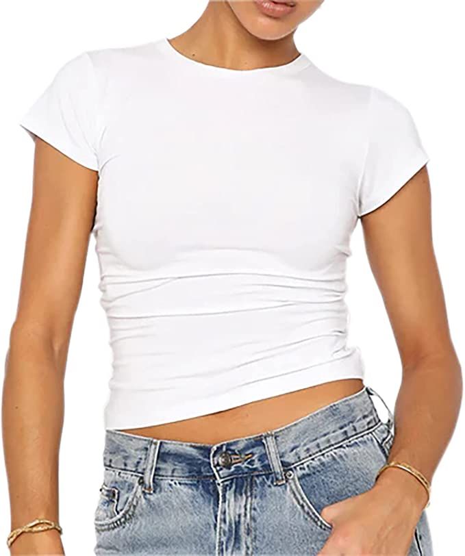 AKLOPVII Women’s Basic Skinny Crop Top Tee Shirt Short Sleeve Skims Dupes Workout Round Neck Cr... | Amazon (US)