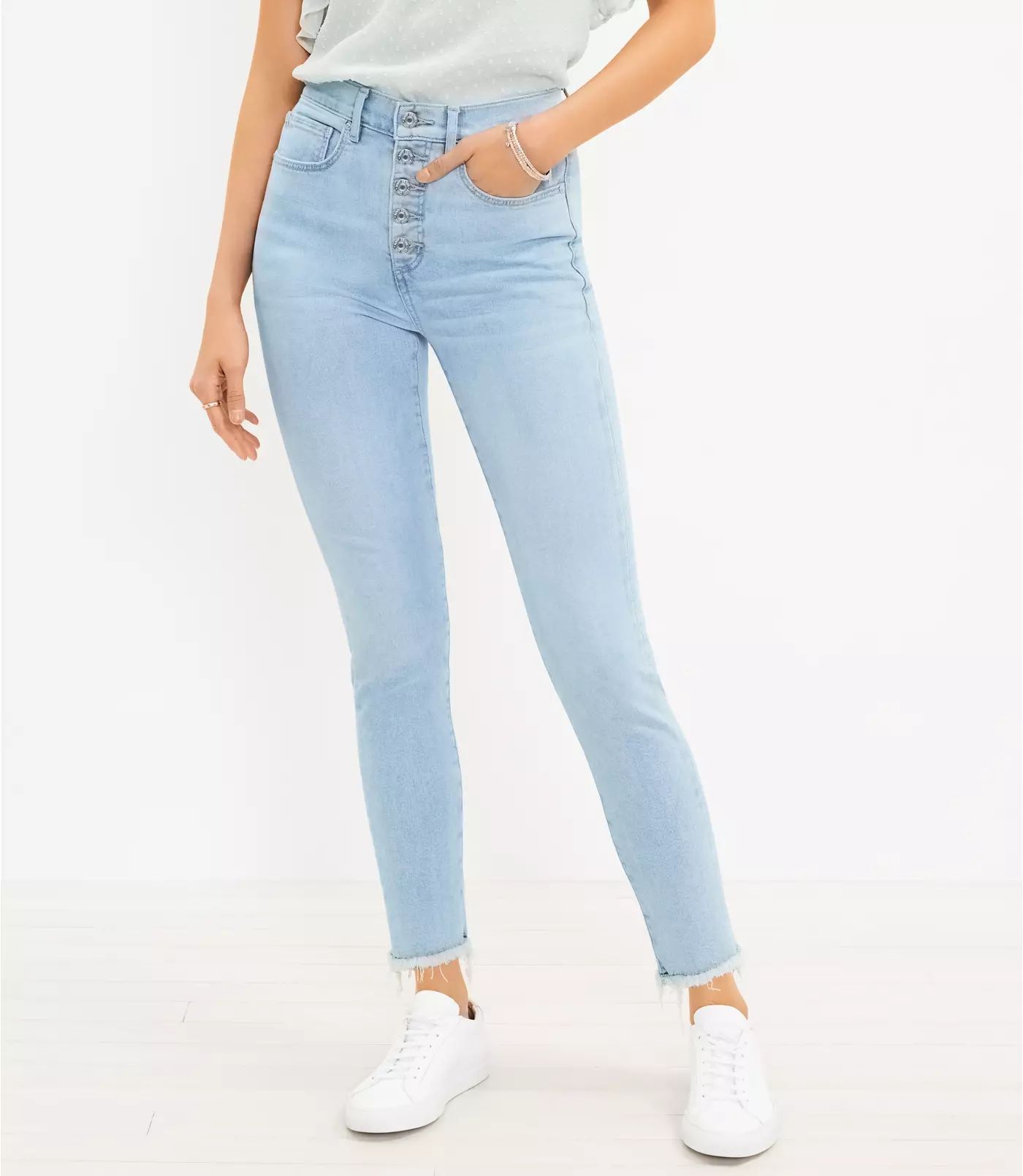 Frayed Button Front High Rise Skinny Jeans in Original Mid Indigo Wash | LOFT | LOFT