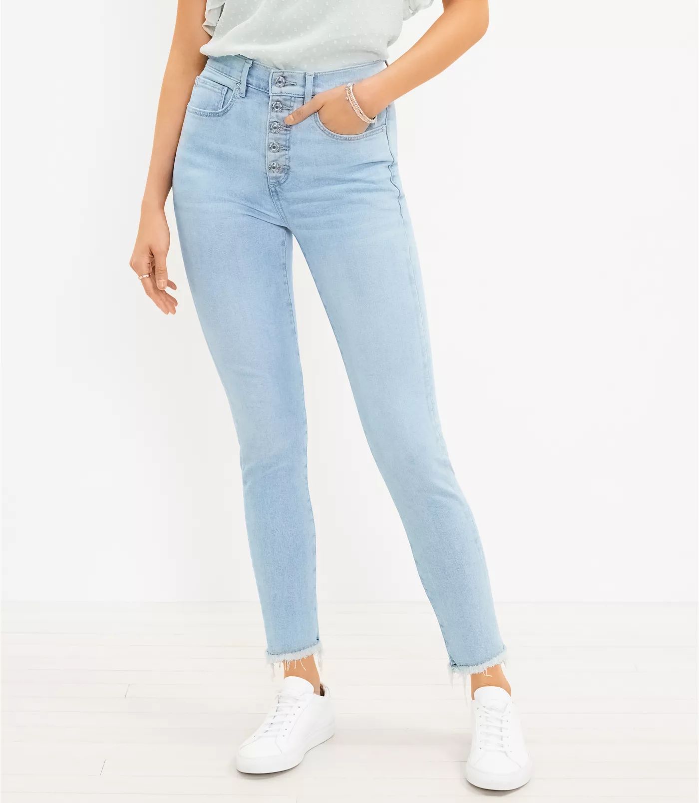 Frayed Button Front High Rise Skinny Jeans in Original Mid Indigo Wash | LOFT | LOFT