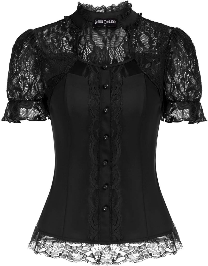 Scarlet Darkness Victorian Tops Short Lace Sleeve Shirts Stand Collar Blouse | Amazon (US)