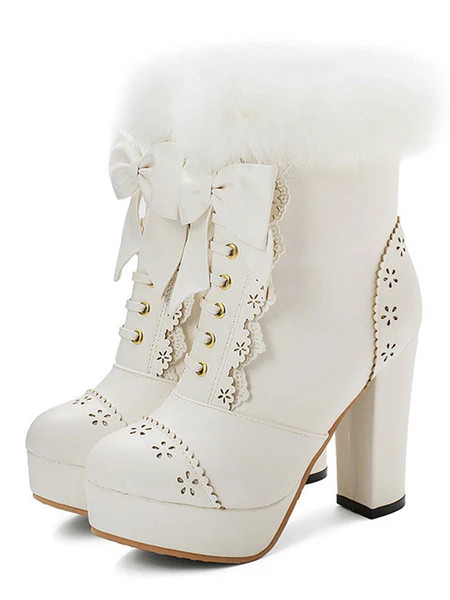 Retro Furry Bowknot Chunky Heel Snow Boots | Retro Stage
