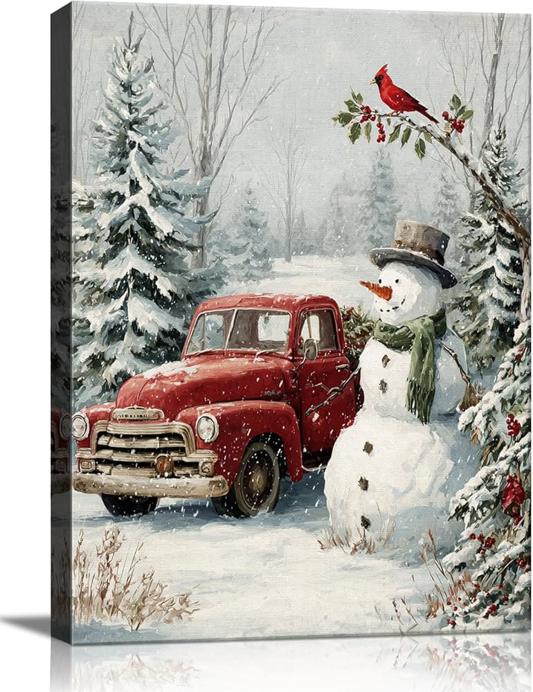 Christmas Snowman & Red Truck Canvas Wall Art - Rustic Winter Scene Framed Picture for Modern Far... | Amazon (US)