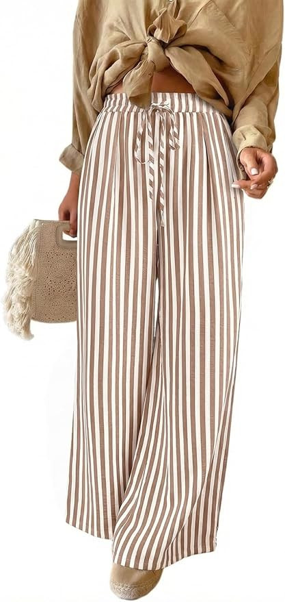 Acelitt Women Casual Drawstring Elastic Waist Striped Wide Leg Pants with Pockets, S-XXL | Amazon (US)
