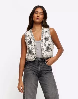 River Island Embroidered floral waistcoat in cream | ASOS | ASOS (Global)