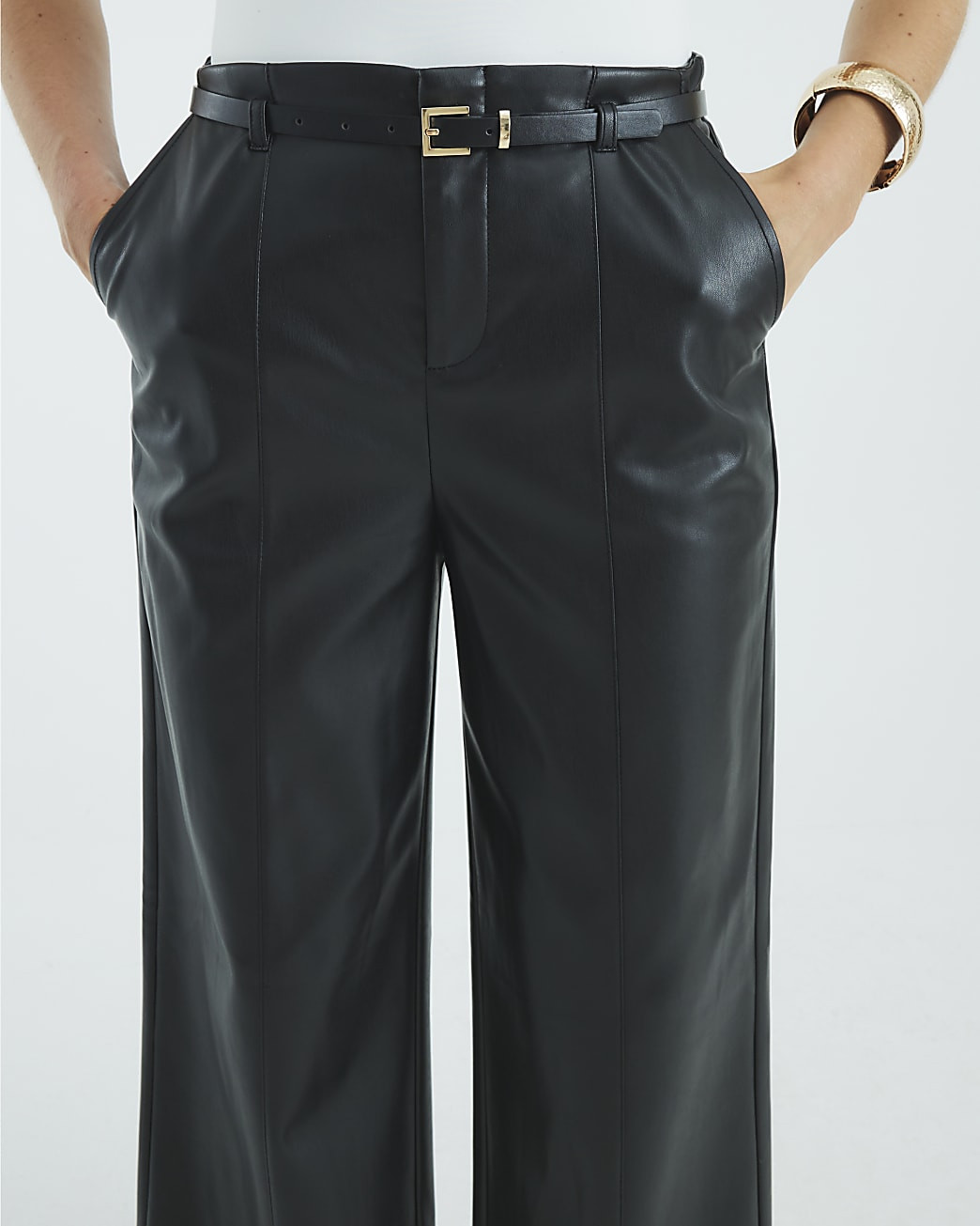 Black Faux Leather Belted Wide Leg Trousers | River Island UK & IE