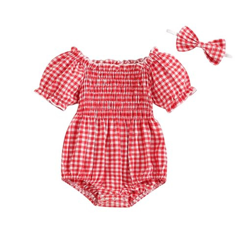 Newborn Baby Girl Summer Clothes Short Puff Sleeve Plaid Bubble Romper Smocked Frill Bodysuit with Headband (Red, 12-18 Months) | Amazon (US)
