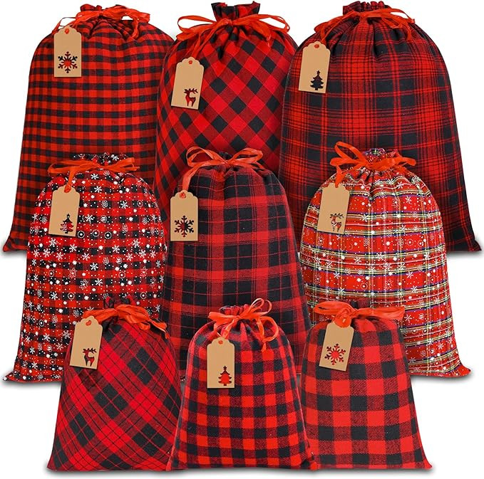 YUJUN 9PCS Christmas Drawstring Bags Cotton Buffalo Plaid Bags Sacks Xmas Red Black Wrapping Stor... | Amazon (US)