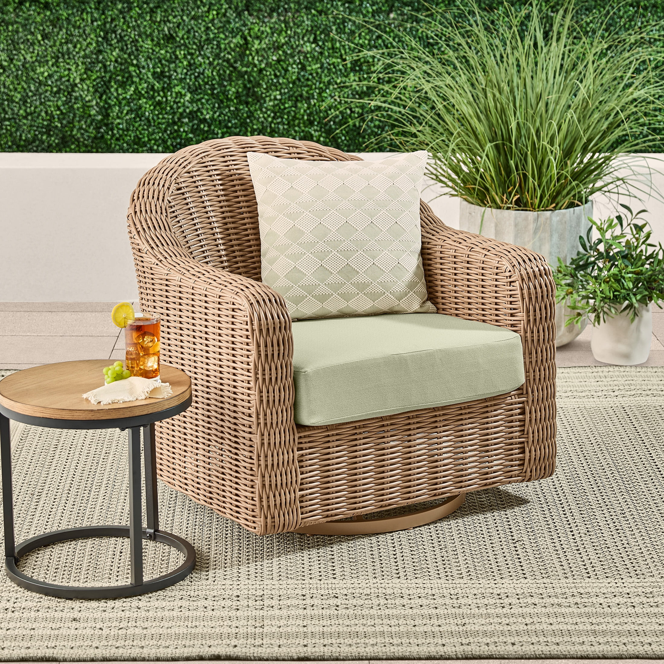 Better Homes & Gardens Bellamy Outdoor 1pk Swivel Glider Chair, Tan Wicker/Green Cushion | Walmart (US)