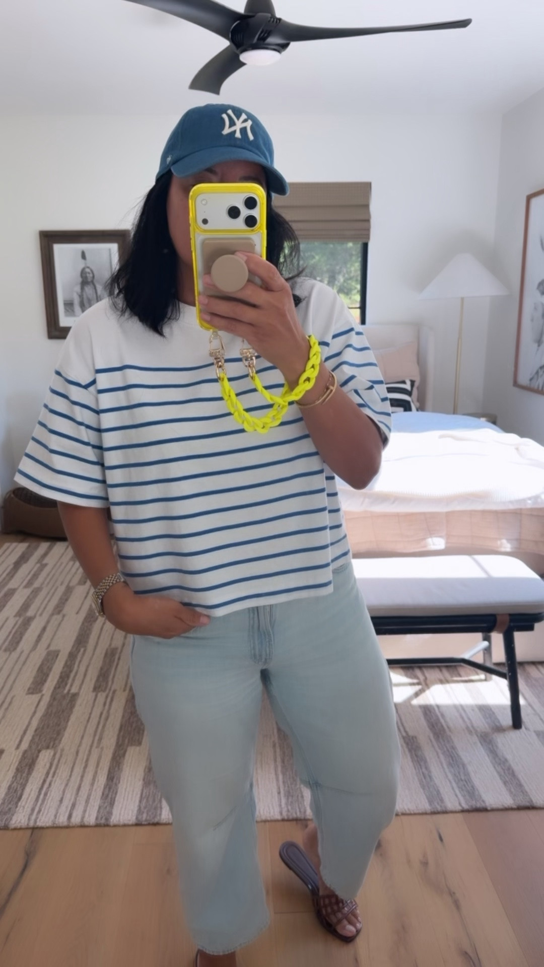 T-shirt size medium, jeans size 29 (I’m a curvy size 8), shoes fit tts.