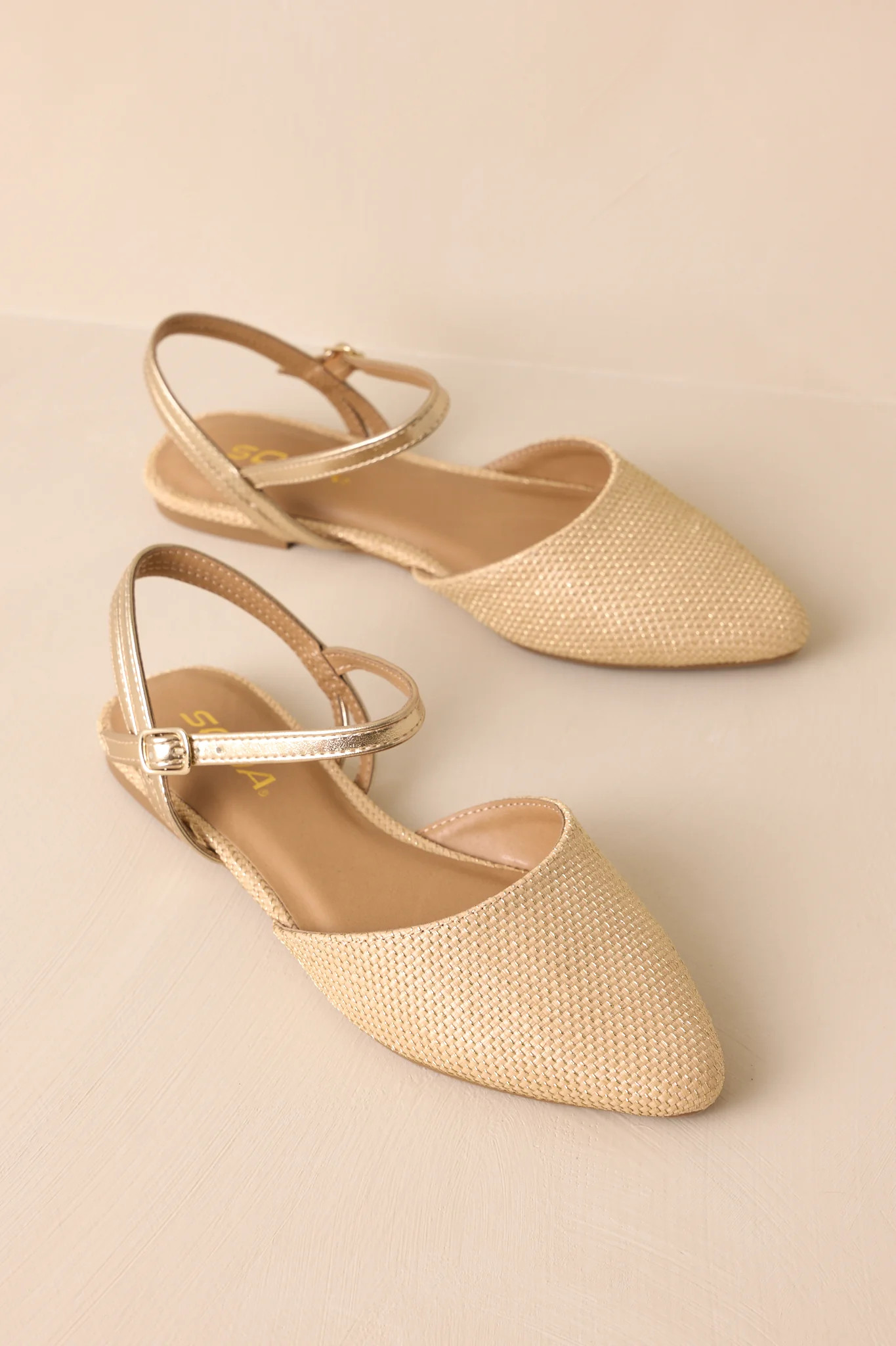 Goddess Glide Beige Ankle Strap Flats | Red Dress