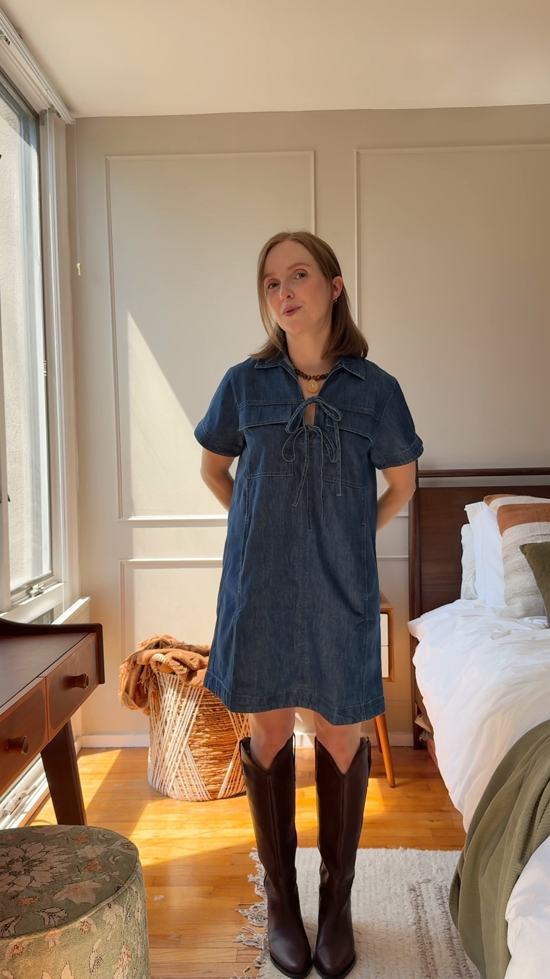 30% off denim chambray dress for fall + Free shipping! Wearing xs petite 
Italian Leather knee high boots quince wearing size 7 10k step tested