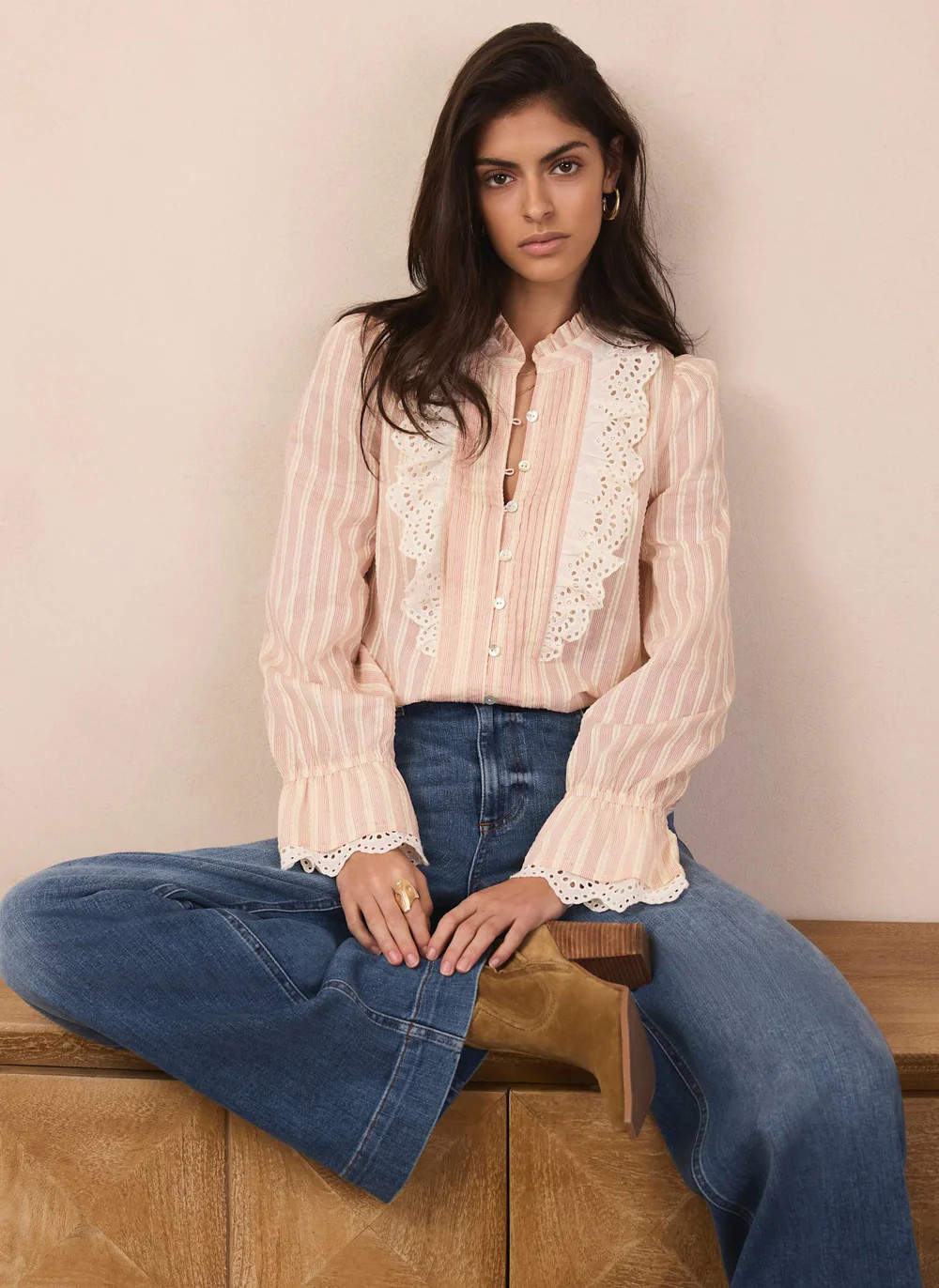 Pink Striped Broderie Trim Blouse | Mint Velvet