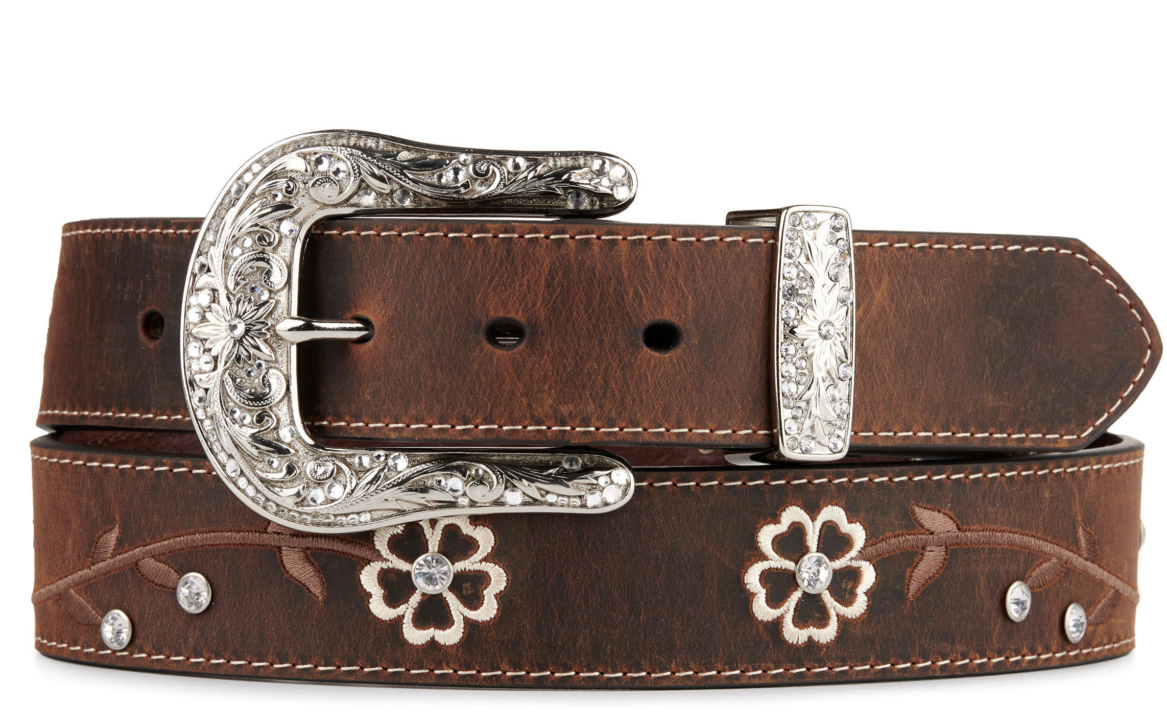 Ariat Distressed Brown with Embroidered Scrolling Flowers & Crystals Women's Scalloped Belt - XL - From Cavender's | Cavender's