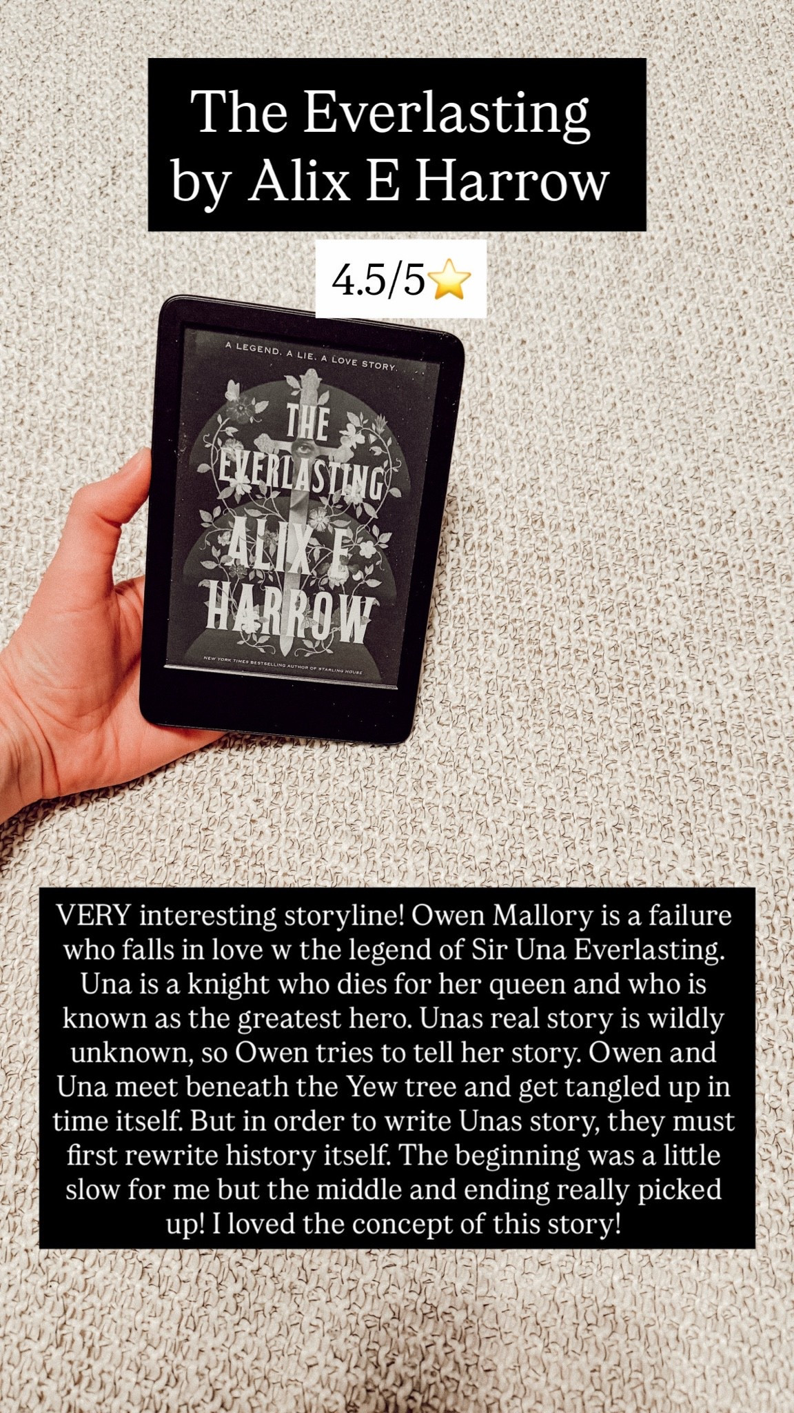 17. The Everlasting by Alix E. Harlow :: 4.5/5⭐️ VERY interesting storyline! Owen Mallory is a failure who falls in love w the legend of Sir Una Everlasting. Una is a knight who dies for her queen and who is known as the greatest hero. Unas real story is wildly unknown, so Owen tries to tell her story. Owen and Una meet beneath the Yew tree and get tangled up in time itself. But in order to write Unas story, they must first rewrite history itself. The beginning was a little slow for me but the middle and ending really picked up! I loved the concept of this story!

#LTKdayinmylife #LTKstorytime #LTKTravel