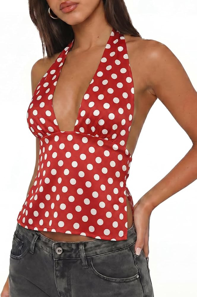 UNCOOYEE Womens Summer Sexy Deep V Neck Backless Tie Silk Satin Y2k Going Out Cropped Tank Tops | Amazon (US)
