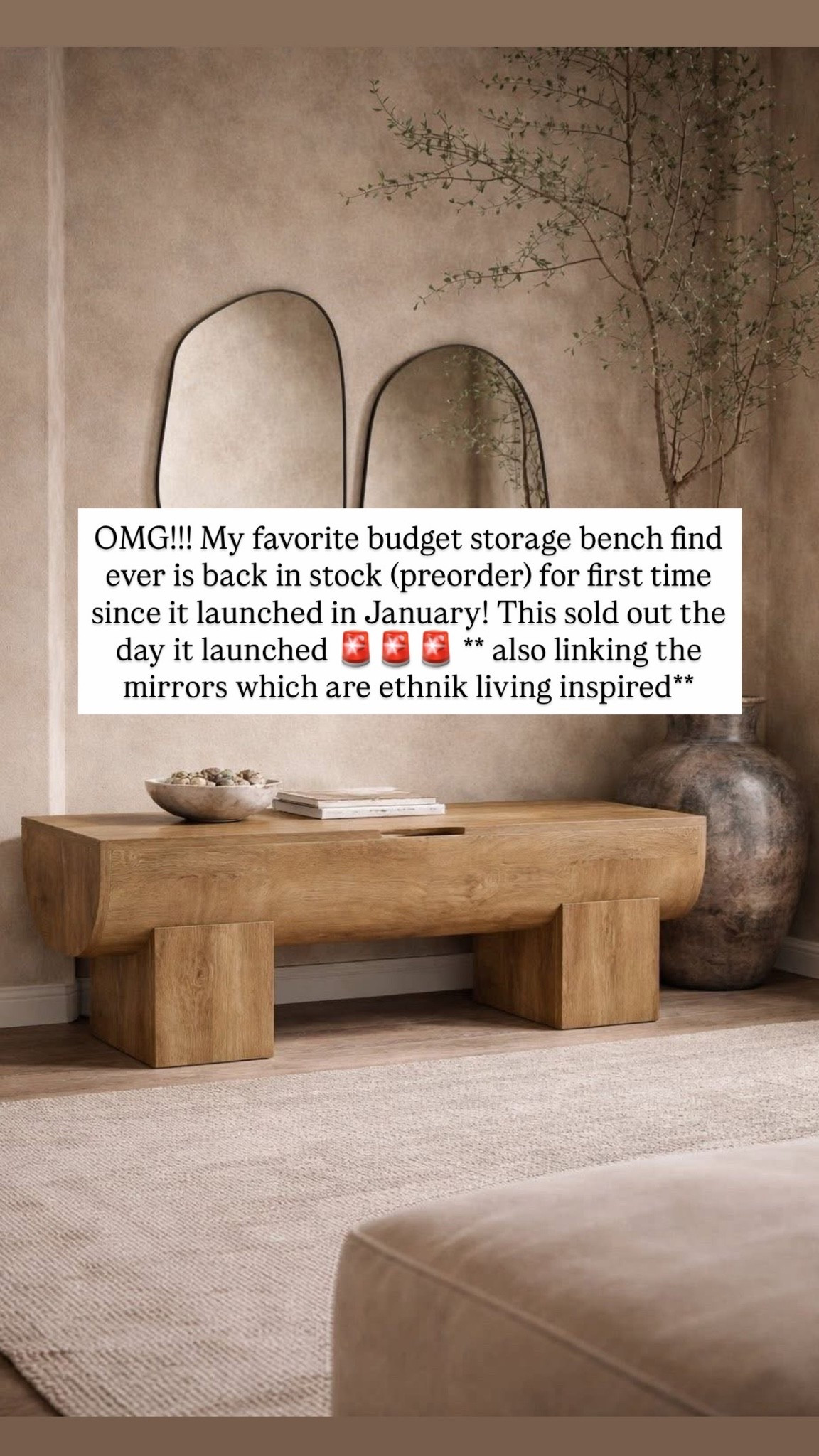 OMG!!! My favorite budget storage bench find ever is back in stock (preorder) for first time since it launched in January! This sold out the day it launched 🚨🚨🚨 ** also linking the mirrors which are ethnik living inspired**