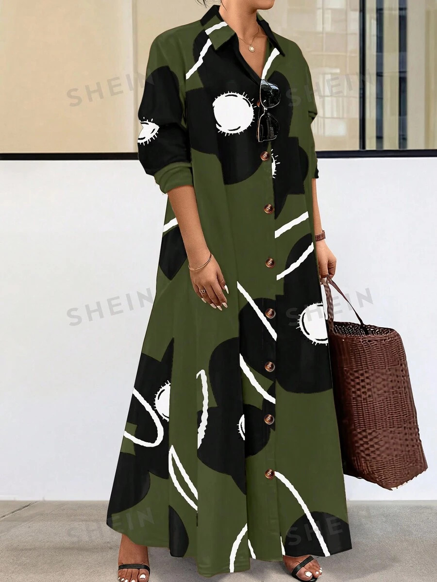 SHEIN LUNE Plus Size Women's Spring Autumn Long Sleeve Floral Print Casual Shirt Dress | SHEIN