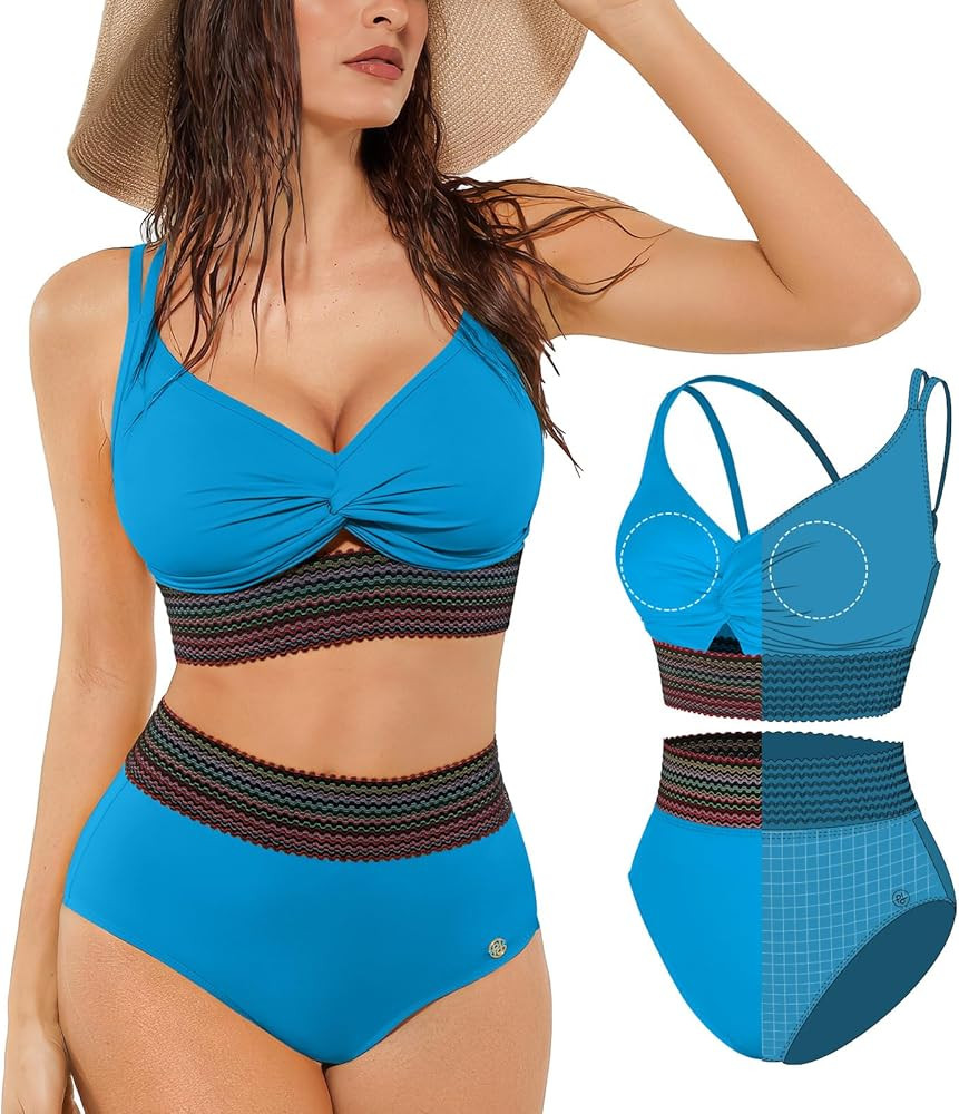 Popilush Tummy Control Swimsuits for Women - High Waisted Bikini Sets Shapewear with Boho Trim 4 ... | Amazon (US)