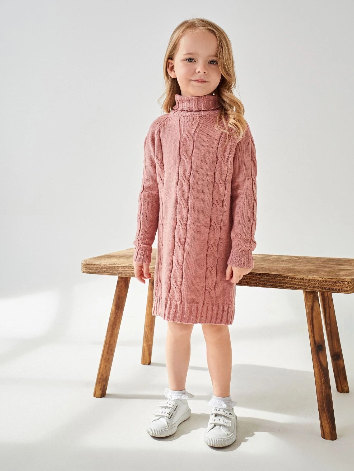 SHEIN BASICS Toddler Girls Raglan Sleeve Cable Knit Sweater Dress | SHEIN