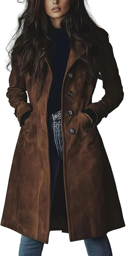 utcoco Womens Long Suede Trench Coat Single Breasted Leather Trench Overcoat with Pocket | Amazon (US)
