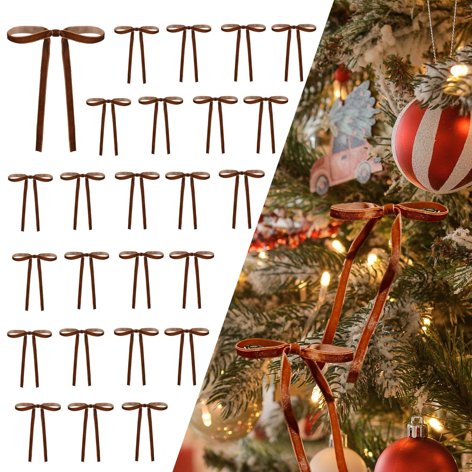 DiliComing Brown Velvet Christmas Tree Bows - 24 Pcs Brown Velvet 5 x 7 Inch Christmas Bows for G... | Amazon (US)
