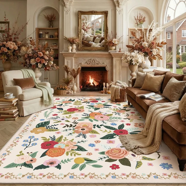 BERTHMEER Large 8'x10' Area Rugs for Living Room Bedroom Office Rugs Vintage Beige Floral Carpets... | Walmart (US)