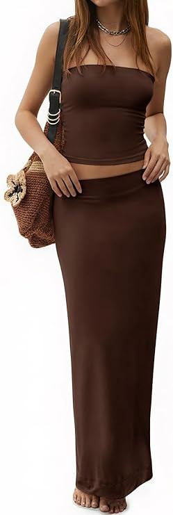 Tankaneo Womens 2 Piece Tube Top Maxi Skirt Set | Strapless, Bodycon Maxi Skirts, Matching Sets, ... | Amazon (US)