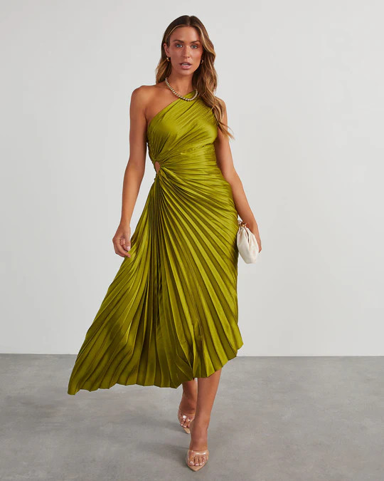 Modern Day Glam Satin Pleated One Shoulder Cutout Asymmetrical Maxi Dress | VICI