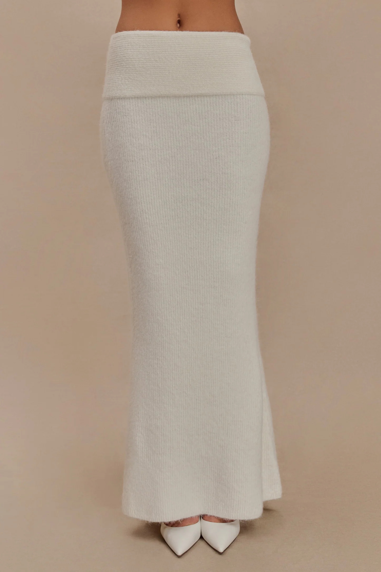 Charlotte Knit Maxi Skirt With Overlay - Ivory | Meshki UK