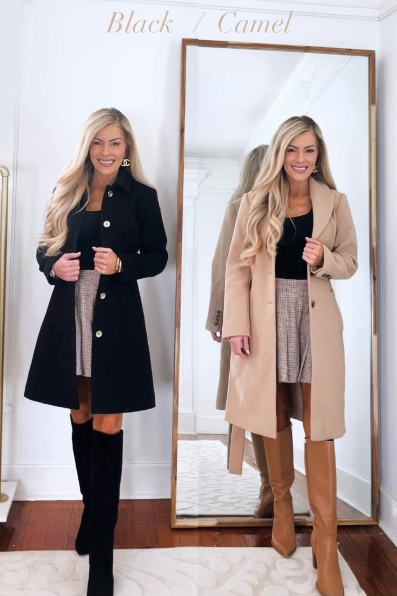 Pleated plaid Skirt : xs
Camel Wool coat : xxs petite 
Black wool lady coat : 00 petite 

—-

Wool coat
Autumn outfit 
Fall outfit 
Outfit styled with boots 
Fall layers 
Autumn trends 
Petite outfit
Petite skirt
Fall skirt
Petite coat 
Mini skirt 
Plaid skirt
Pleated skirt
Outfit inspo

#LTKStyleTip #LTKSeasonal #LTKSaleAlert