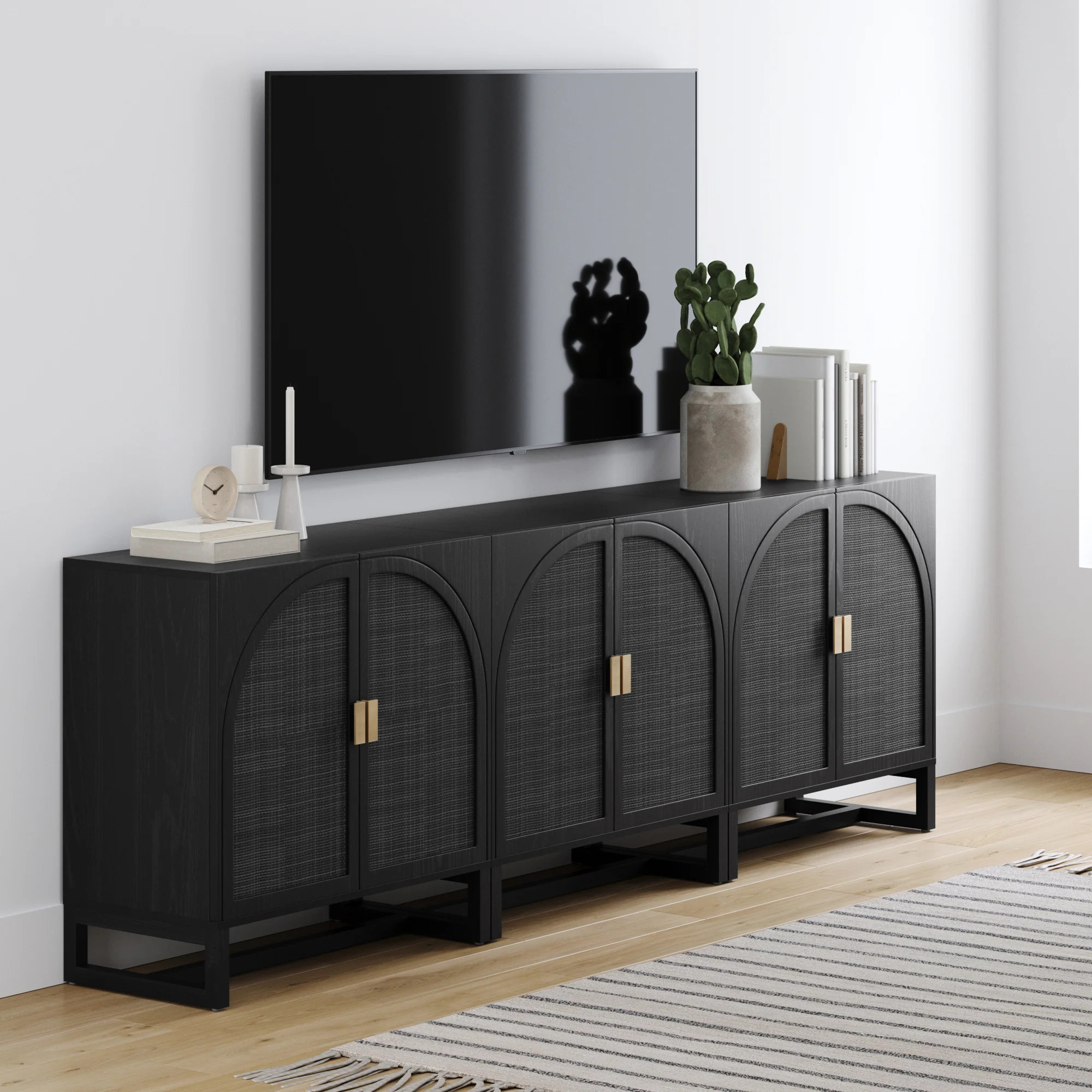 Arched Wooden TV Console Credenza Black Rattan (Set of 3) | Nathan James