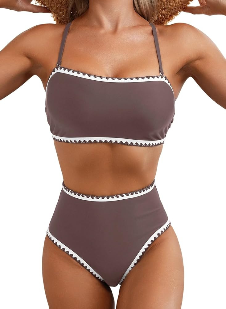 Herseas Women's 2 Pieces Bikini Color Block Whip Stitch Swimsuits 2025 Summer Off Shoulder High W... | Amazon (US)