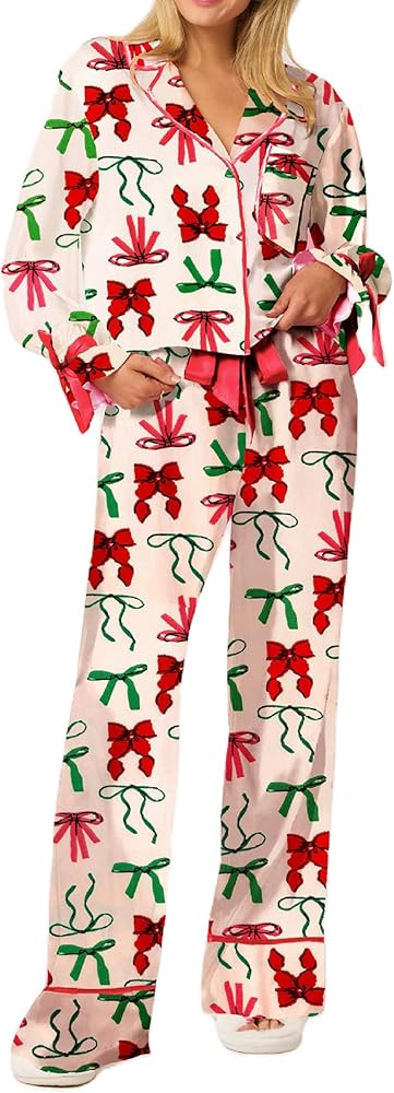 ROAONOCOMO Women Bow 2 Piece Pajama Set Long Sleeve Button Shirt Pants Cute Print Holiday Pj Silk... | Amazon (US)