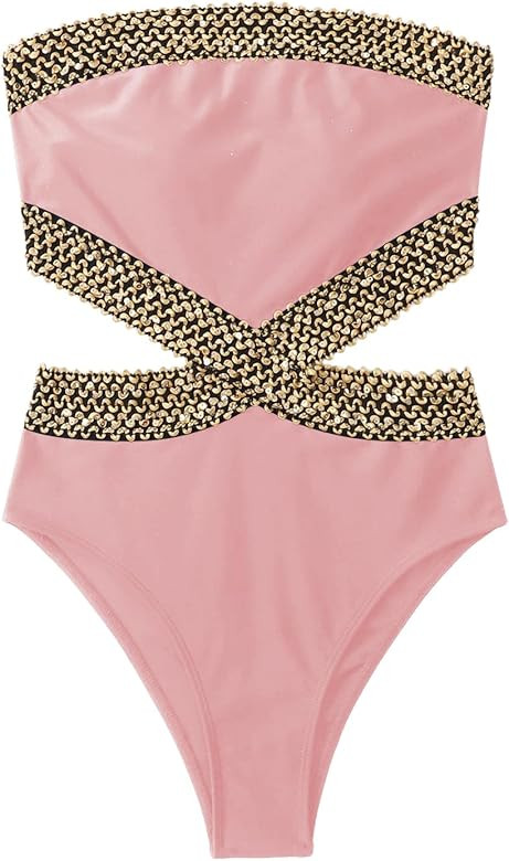 Milumia Women's Stitch Detail Strapless One Piece Swimsuit Cut Out Bandeau Bathing Suit | Amazon (US)