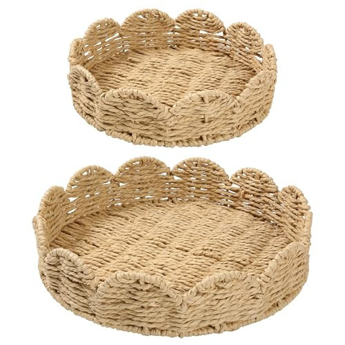 Scalloped Basket Set of 2 - Round Rattan Tray, Wicker Serving Tray, Round Woven Tray for Home Decor, Scallop Basket Table Trays for Decor, Water Hyacinth Woven Rattan Baskets for Organizing | Amazon (US)