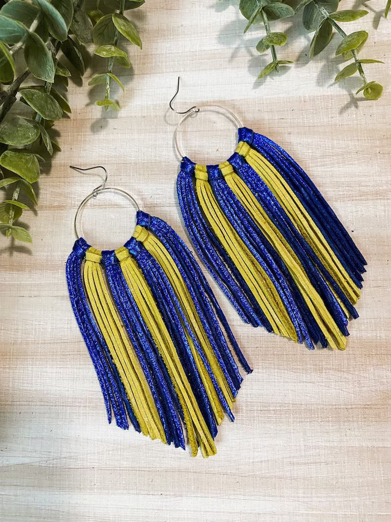 Maize and Blue Leather Fringe Earrings Michigan Earrings - Etsy | Etsy (US)