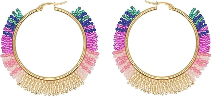 SHINUS BOHO Beaded Hoop Earrings for Women Handmade Statement Earring by Miyuki Beads Colorful Bo... | Amazon (US)