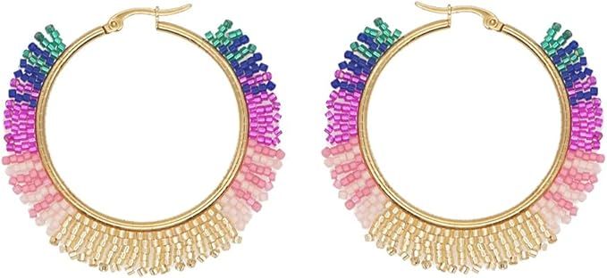 SHINUS BOHO Beaded Hoop Earrings for Women Handmade Statement Earring by Miyuki Beads Colorful Bo... | Amazon (US)