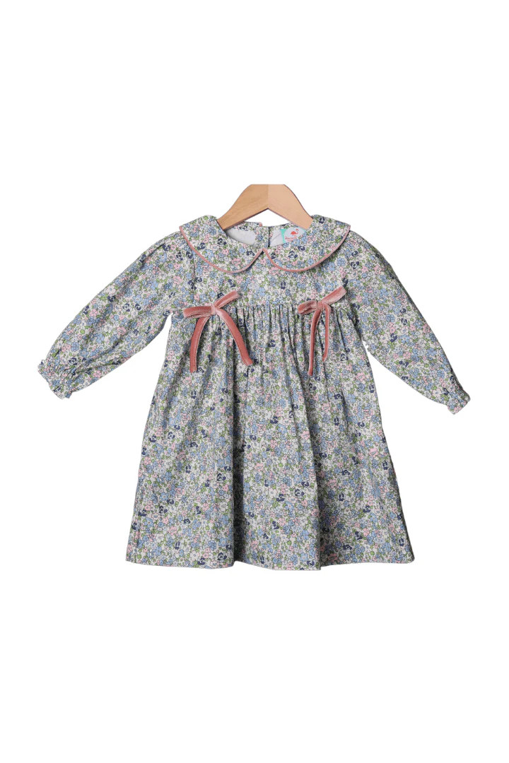 Pretty Floral Pink Velvet Bow Dress | The Smocked Flamingo