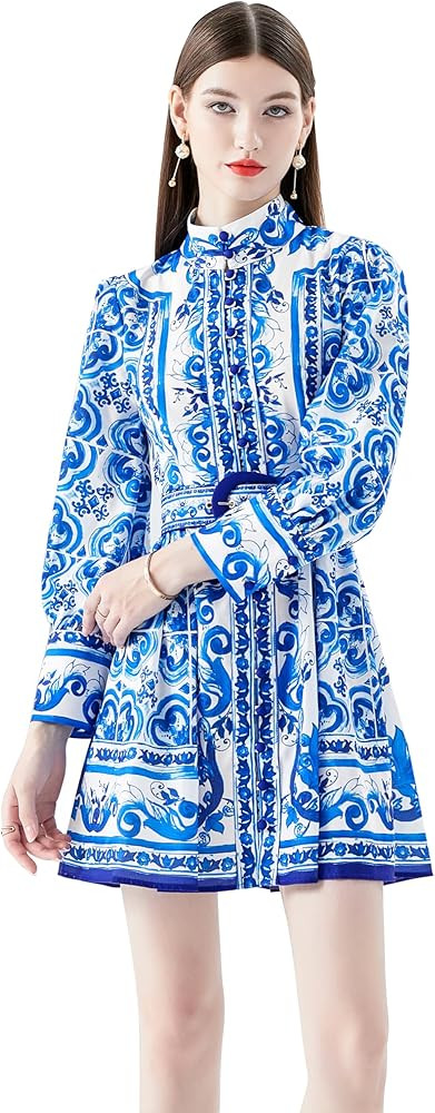 LAI MENG FIVE CATS Women's Floral Print Lantern Sleeve Button Casual A-line Mini Dress with Belt | Amazon (US)