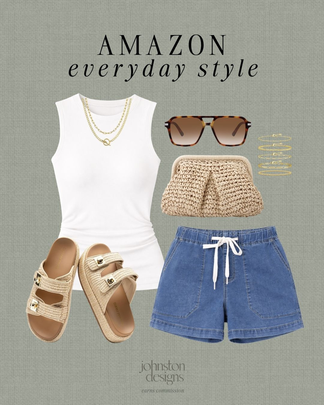 Amazon everyday style featuring a fitted white tank paired with relaxed denim drawstring shorts for an easy, laid-back look. Styled with woven double strap sandals, a raffia clutch, oversized tortoise sunglasses and layered gold jewelry for a neutral, effortless outfit that works from errands to casual days out. ☀️

#amazoneverydaystyle #casualoutfitideas #summeroutfitinspo #denimshortsoutfit #amazonfashionfinds #neutraloutfit #effortlessstyle #ltkstyle #everydayoutfit #minimalstyle 

 #LTKootd