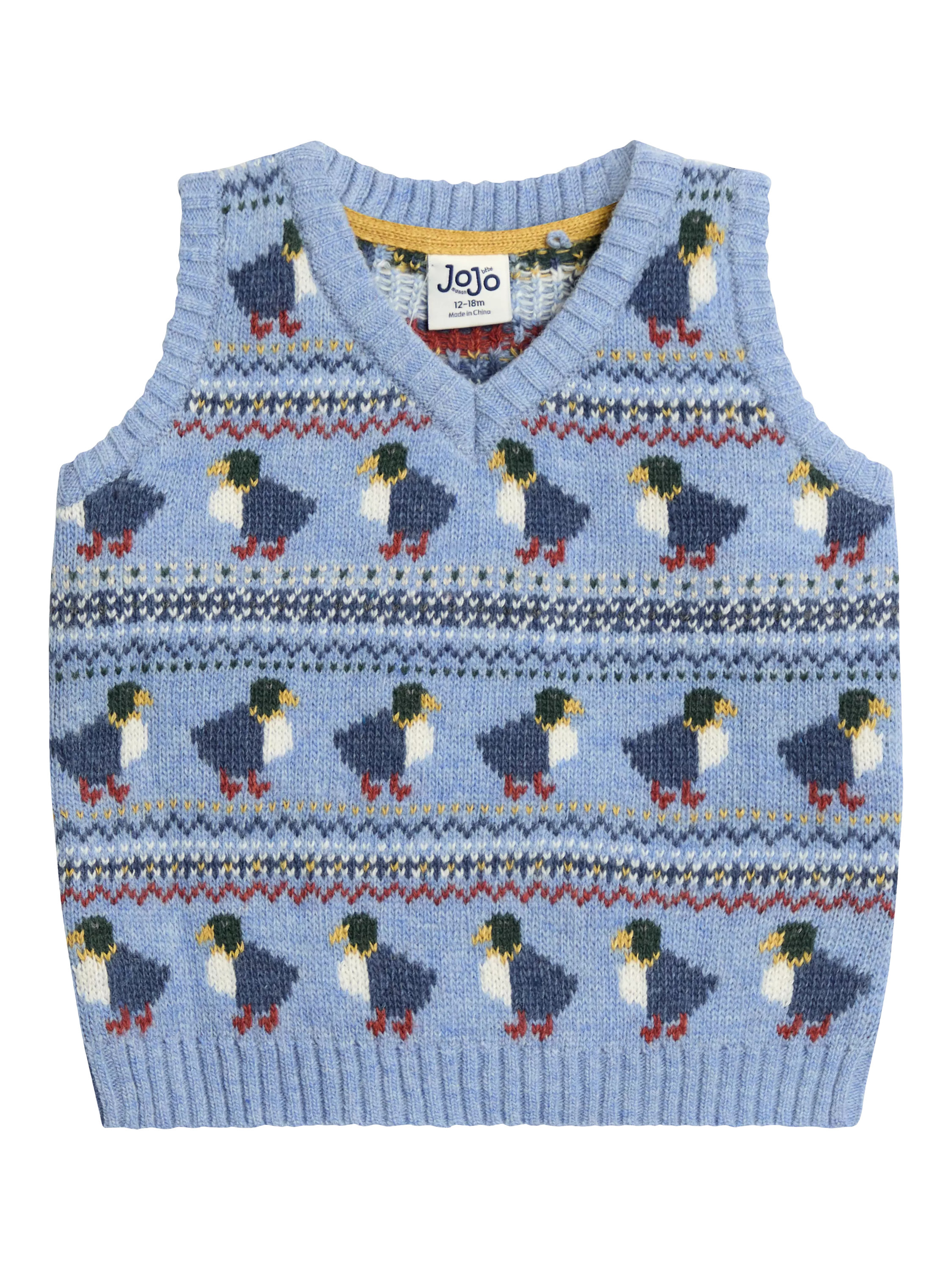 JoJo Maman Bébé Kids' Wool Blend Duck Fair Isle Vest, Blue | John Lewis (UK)