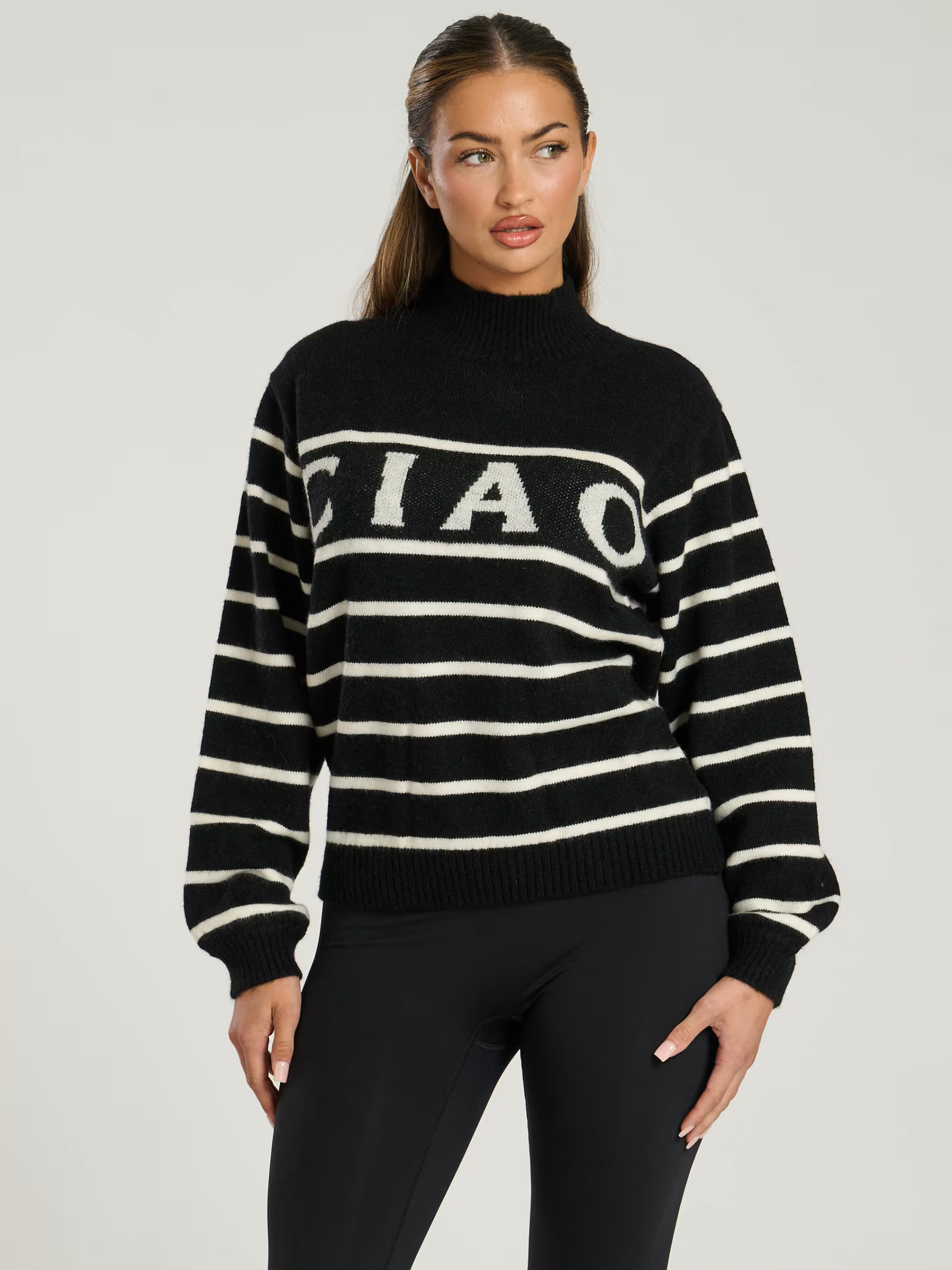 South Beach Funnel neck slogan striped knit jumper in black | ASOS (Global)