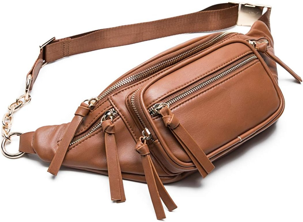 miss fong Waist Bags for Women,Leather Fanny pack, Belt Bag for Women, With 9 Pockets (Brown) | Amazon (US)