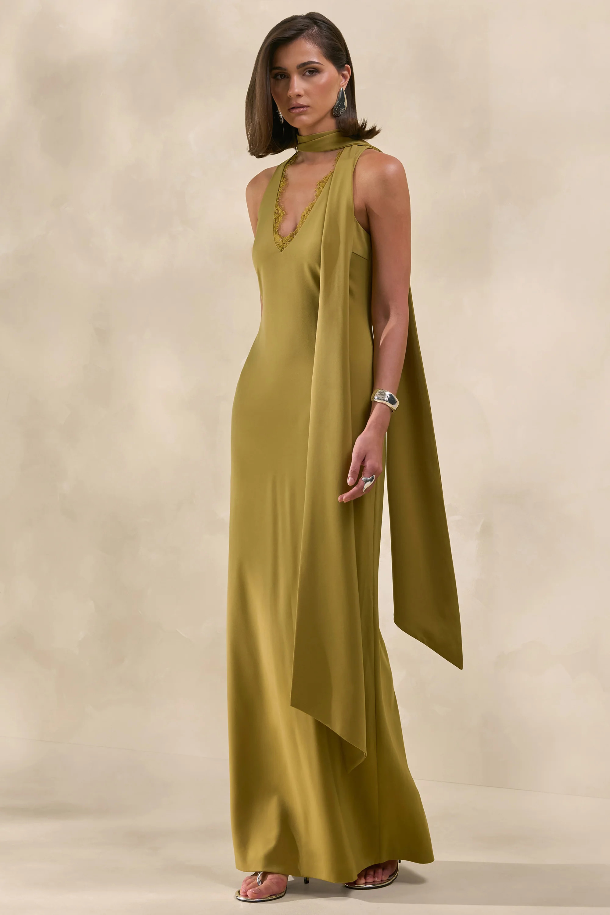 True Icon | Olive Satin High-Neck Maxi Slip Dress With Sash | Club L London
