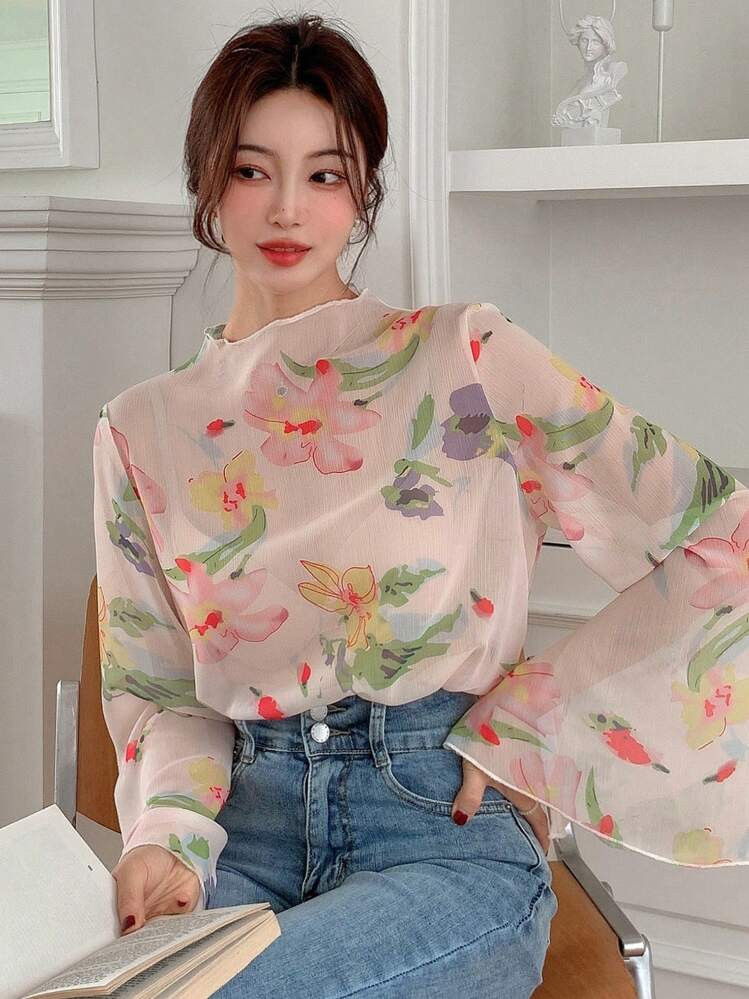 DAZY Floral Print Mock Neck Flare Sleeve Blouse | SHEIN