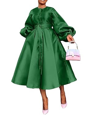 SHINFY Women Satin Dress Casual Fashion Long Sleeve Belted Button A Line Long Dresses Flowy Maxi ... | Amazon (US)